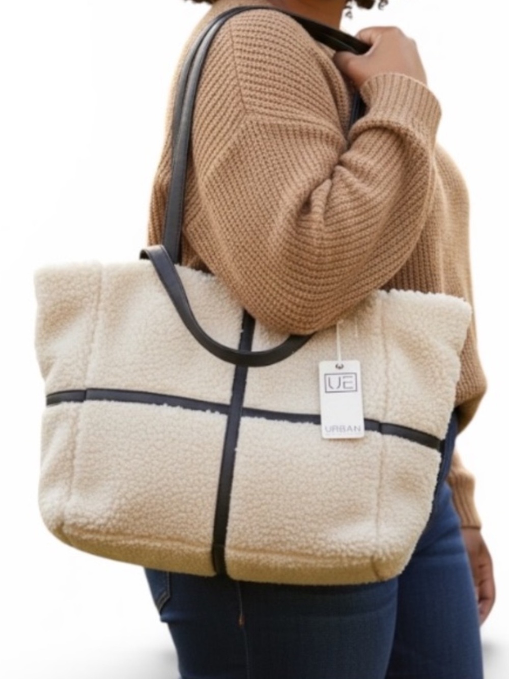 NWT Urban Expressions Cream/ Black Tote Sherpa Gold Hardware Zip Closure